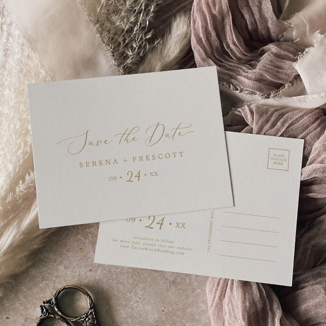 Fintvätt av Vågrät Guld och Cream Spara datum Inbjudan Vykort (Skapare uppladdad)