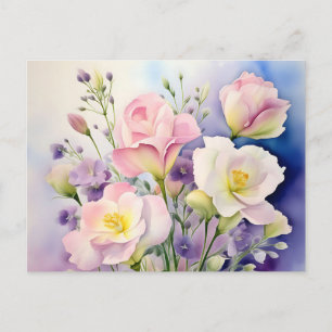 Fintvätt av vattenfärg Lisianthus Flowers Vykort