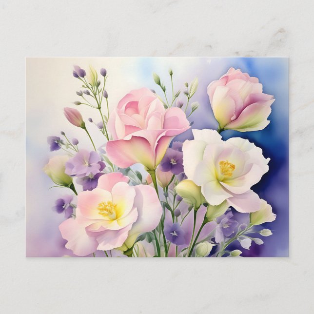 Fintvätt av vattenfärg Lisianthus Flowers Vykort (Framsida)