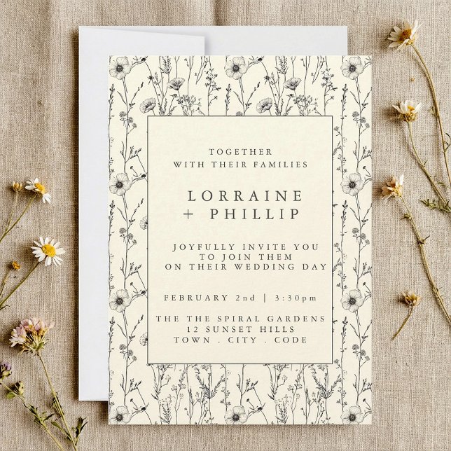 Fintvätt av vild blommor, sömlös, mönster bröllop inbjudningar (Delicate wild flowers seamless pattern wedding invitation.)