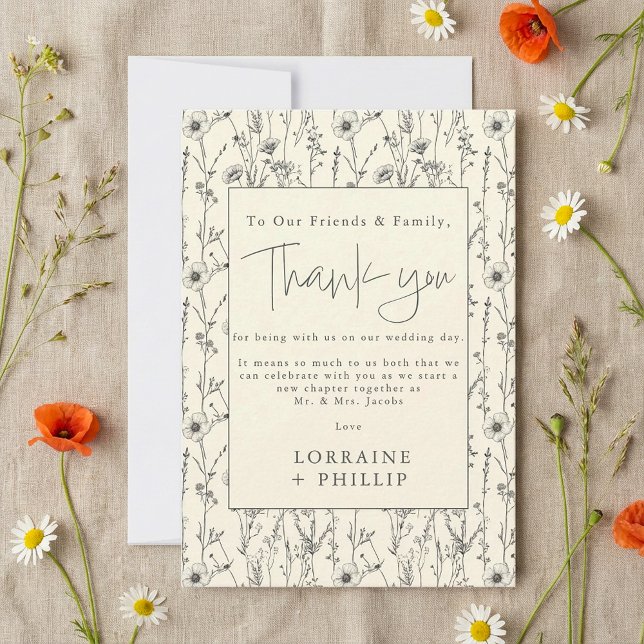 Fintvätt av vild, trädgård vid mönster bröllop tack kort (Delicate wild flowers garden pattern wedding thank you card.)