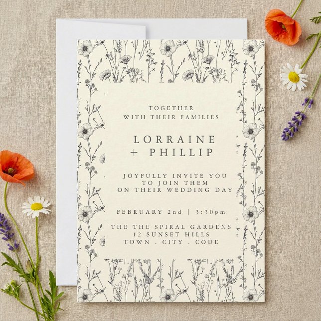 Fintvätt av vilda blommor i mönster bröllopsinbjud inbjudningar (Delicate wildflowers pattern wedding invitation.)