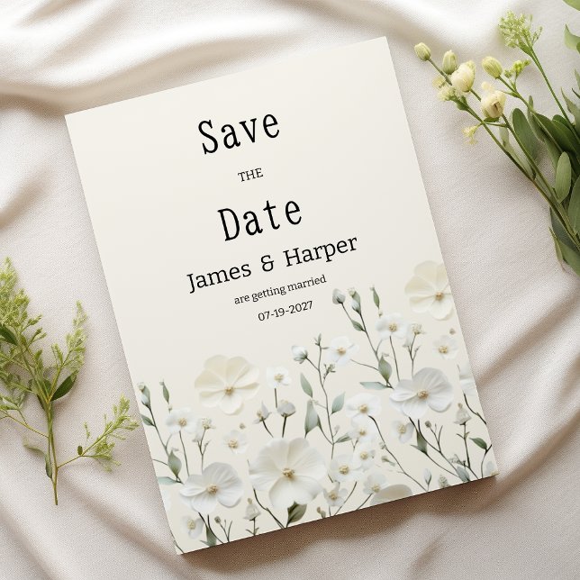 Fintvätt av vit blommigt ordnar Spara datum Inbjudningar (Delicate ivory white floral arrange Save the Date)