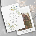 Fintvätt av WildblomModern Boho Bröllop Photo Spara Datumet<br><div class="desc">Elegant bröllop sparar datumkortet med handmålade vattenfärgade vilda blommor i smörets gult,  grönt,  dammig grönt och ljusblå med ett foto och mer information på baksidan. Om du vill ha en mer avancerad anpassning av den här designen klickar du på BLUE DESIGN VERKTYG ovan! Matchande objekt är också tillgängliga.</div>