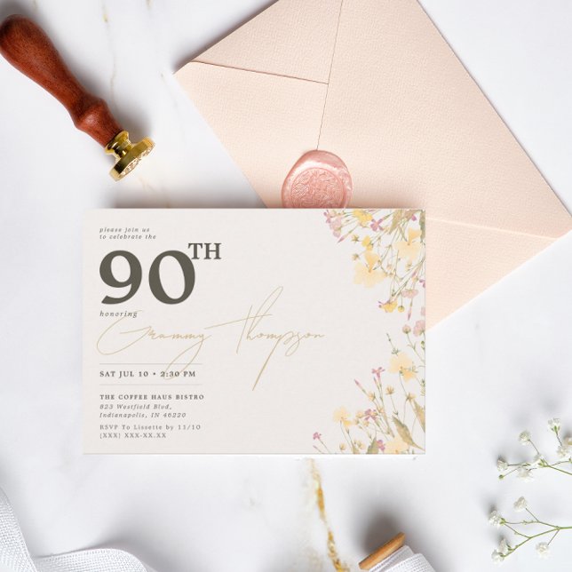 Fintvätt av Wildblommors Rosa Gult 90:e födelsedag Inbjudningar (Skapare uppladdad)