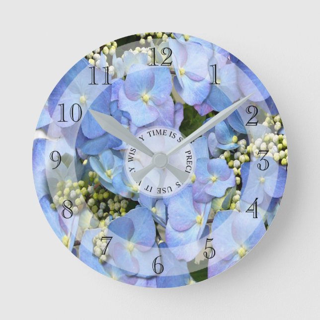 Fintvätt Blå Lacecap Hydrangea Round Clock Rund Klocka (Framsida)