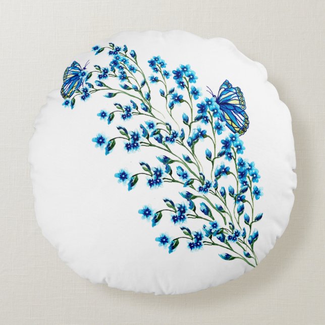 Fintvätt blåa blommor med fjäril rund kudde (Framsidan)