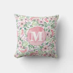 Fintvätt Blommor Lilac rosa  grönt monogram Kudde