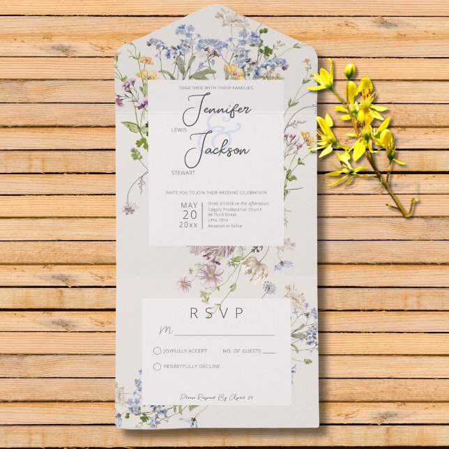 Fintvätt Boho Wildblommor Cream No Midinner (Delicate Boho Wildflowers Cream No Dinner All In One Invitation)