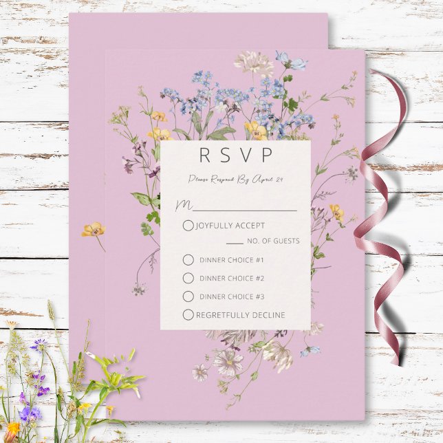 Fintvätt Boho Wildblommor Pink Tremiddag OSA Kort (Delicate Boho Wildflowers Pink Three Dinner RSVP Card)