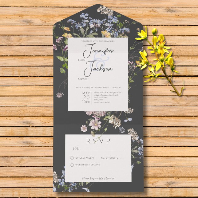 Fintvätt Boho Wildblommor, träkol (Delicate Boho Wildflowers Charcoal Wedding All In One Invitation without Dinner Options)