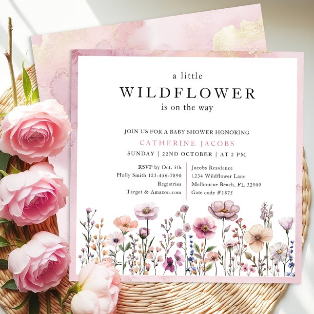 Fintvätt från Dusty Rosa Wildblomma Baby Shower-in Inbjudningar (Watercolor Wildflower Baby Shower Invitation)