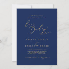 Fintvätt Guld Calligraphy Navy La Boda De Bröllop Inbjudningar