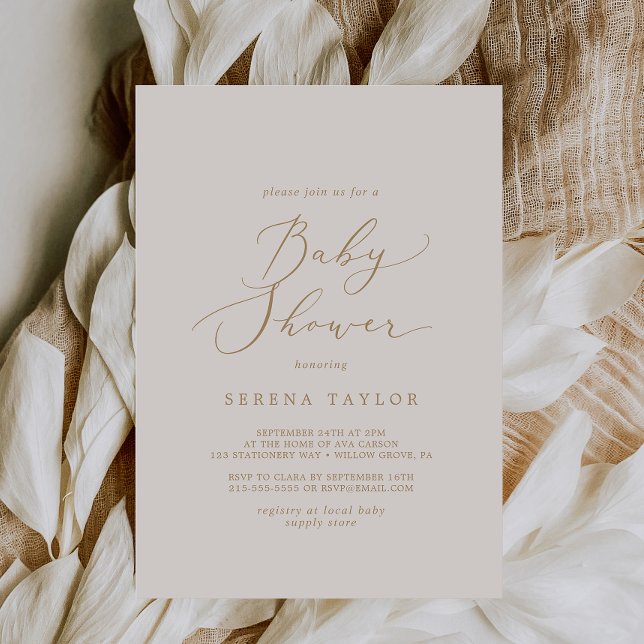 Fintvätt Guld-kalligrafi | Cream Baby Shower Inbjudningar (Skapare uppladdad)