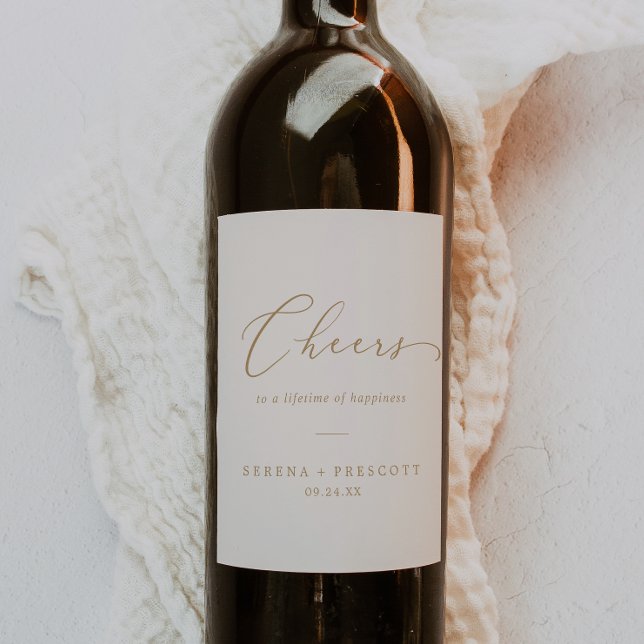 Fintvätt Guld-kalligrafi | Cream Cheers Bröllop Vinflaska Etikett (Skapare uppladdad)