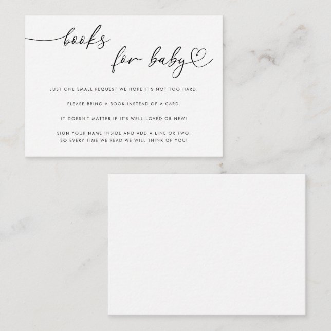 Fintvätt Heart Script Bokar för Baby Shower White Tilläggskort (Fram/baksida)