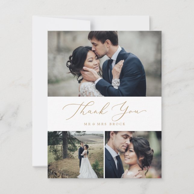 Fintvätt med Guld-kalligrafi 3 Fotokollage Tack Kort (Framsida)