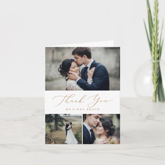 Fintvätt med Guld-kalligrafi 3 Fotokollage Tack Kort (Framsida)