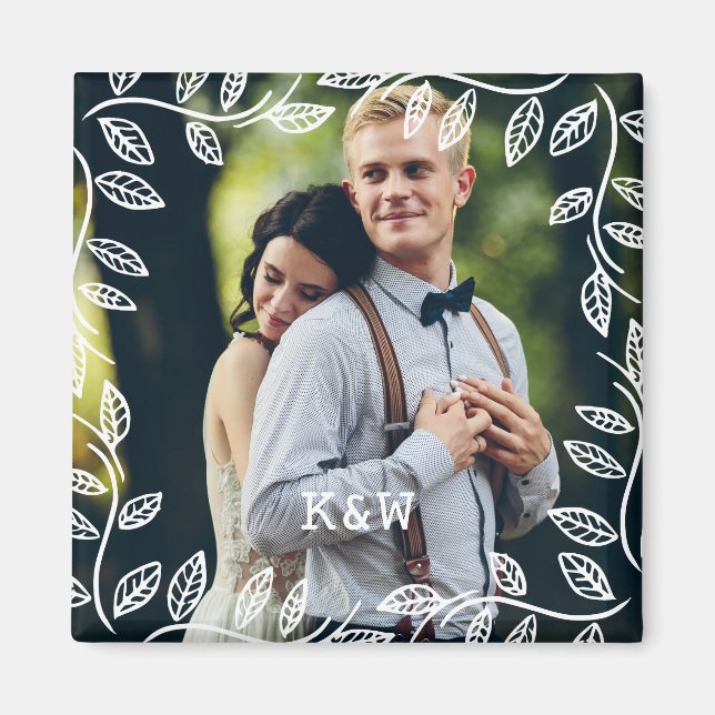 Fintvätt med Monogrammed fotot i Löv Ram Magnet (Framsidan)