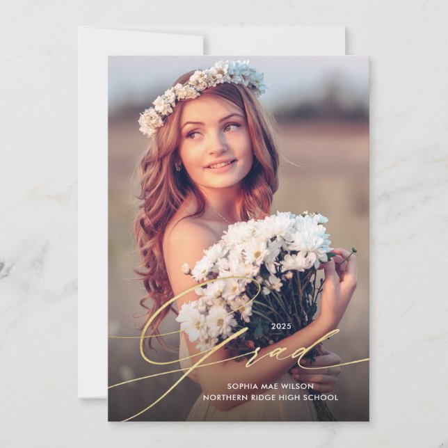 Fintvätt med Studentfesten Guld Script 1-Photo Inbjudningar (Framsida)