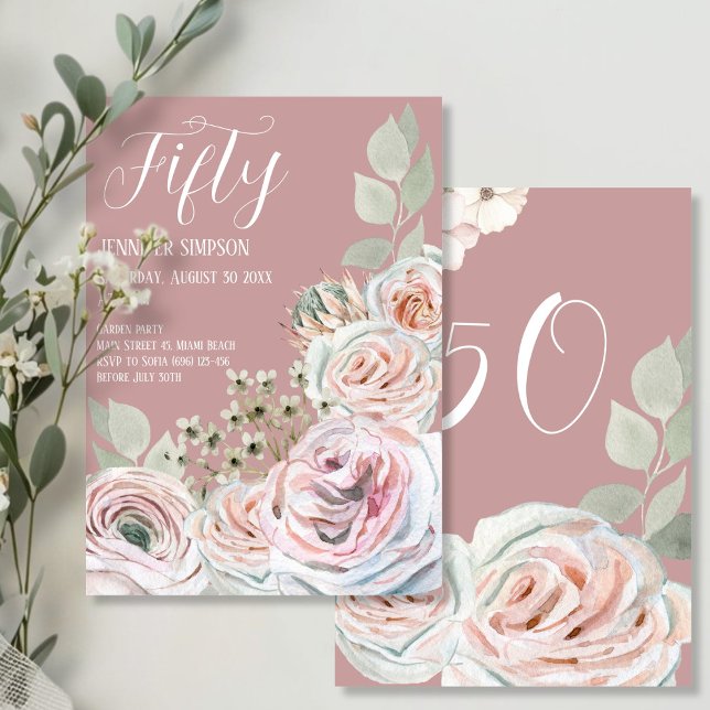  Fintvätt med vattenfärgpalepink Birthday Inbjudningar (Blush Delicate watercolor flower palepink Birthday Invitation - front and back)