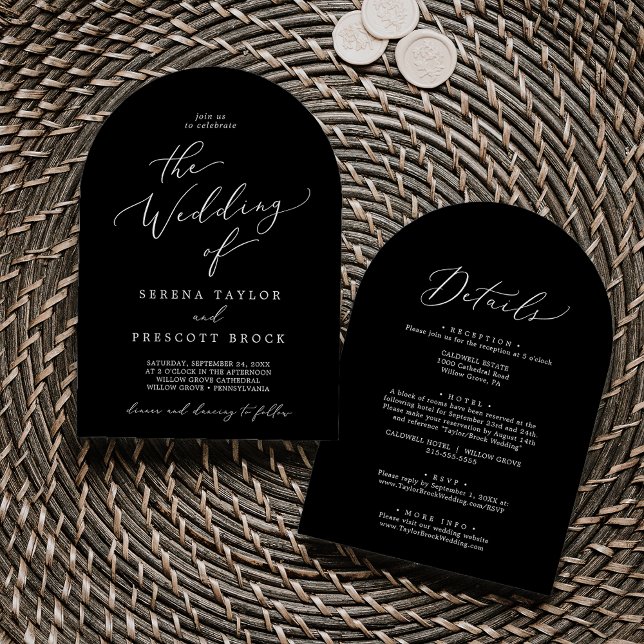 Fintvätt Mörk svart allt i en modern Bröllop Inbjudningar (Delicate Dark Black All In One Modern Arch Wedding Invitation)