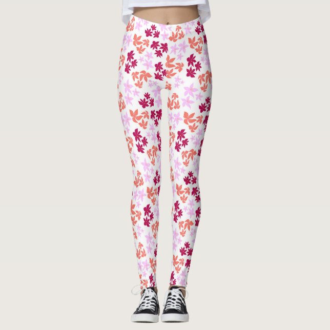 Fintvätt och rosa blommönster på mjukt vitt leggings (Framsida)