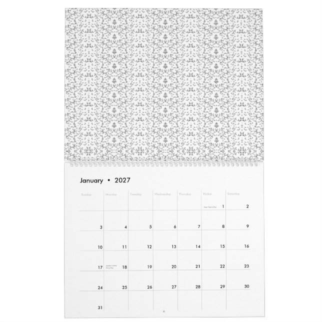 Fintvätt, repeterbart lätt grått-blommönster på en kalender (Jan 2027)