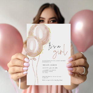 Fintvätt Rosa BalloonGirl Elegant Baby Shower Inbjudningar