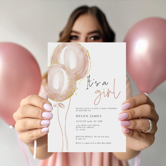 Fintvätt Rosa BalloonGirl Elegant Baby Shower Inbjudningar (Skapare uppladdad)