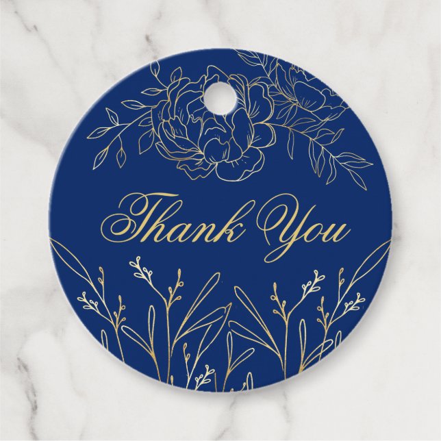 Fintvätt Royal Blått Guld-Blommigt Sketch-Tack Gåvor Etiketter (Framsida)