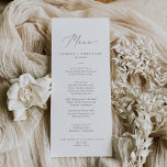 Fintvätt Silver Calligraphy Bröllop Dinner Menu Meny<br><div class="desc">Detta känsliga bröllop-middagsmenykort för kalligrafi i silver är perfekt för ett modernt bröllop. Den romantiska minimalistiska designen har fin och elegant silver grått-typografi på vit bakgrund med ett rent och enkelt utseende. Den här menyn kan användas för bröllopsmottagning,  repetitionsmiddag eller vad som helst.</div>