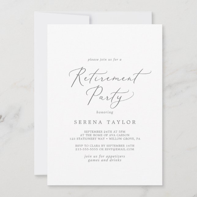 Fintvätt Silver-kalligrafi Pension Party Inbjudningar (Framsida)
