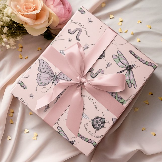Fintvätt Svart liten kritiker Feminin  Rosa Presentpapper (An adorable, feminine yet whimsical Insect Wrapping Paper pattern for baby girls or mothers-to-be :))