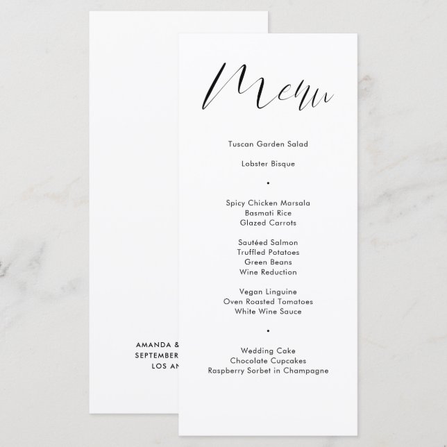 Fintvätt, svart, vit kalligrafi, skript Bröllop Meny (Fram/baksida)
