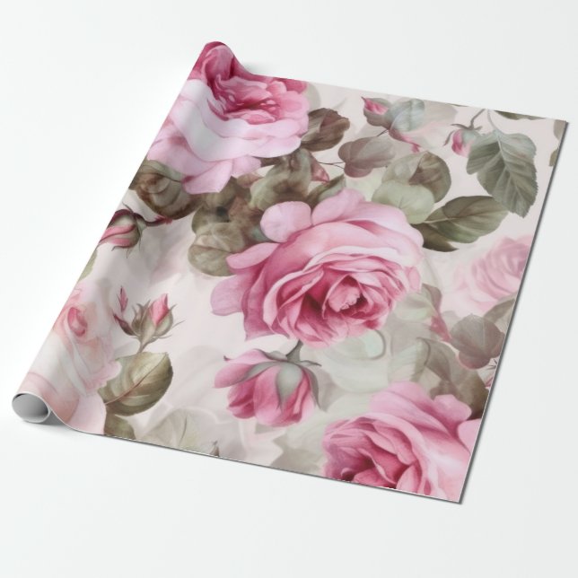 Fintvätt Vintage Rosa ros Presentpapper (Utrullad)