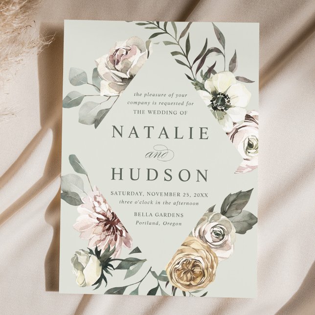 Fintvätt Vinter Blommigt Ram Sage Grönt Bröllop Inbjudningar (Skapare uppladdad)