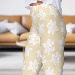 Fintvätt Vit Blommigt Bloom Mönster Leggings