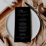 Fintvätt Vit på Svart Calligraphy Bröllop Middag Meny<br><div class="desc">Detta känsliga vita på svart kalligrafi-menykort för bröllop är perfekt för ett modernt bröllop. Den romantiska minimalistiska designen har fin och elegant vit typografi på en svart bakgrund med ett rent och enkelt utseende. Den här menyn kan användas för bröllopsmottagning,  repetitionsmiddag eller vad som helst.</div>