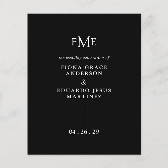 Fiona Black Bold Monogram Modern Bröllopsprogram (Framsida)