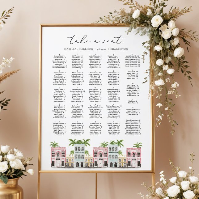 FIONA Charleston SC Regnbågsrad Sätesplan Poster (Charleston Inspired Rainbow Row Wedding Seating Chart Alphabetical )