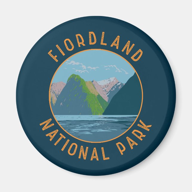 Fiordland National Park New Zealand Retro Circle Magnet (Framsidan)