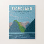 Fiordland National Park New Zealand Travel Art Pussel<br><div class="desc">Konstruktion för textmarksvektorbilder. Fiordland National Park ligger i sydvästra Nya Zeelands sydö. Det är känt för glaciärhjärtan från Doubful och Milford ljud.</div>