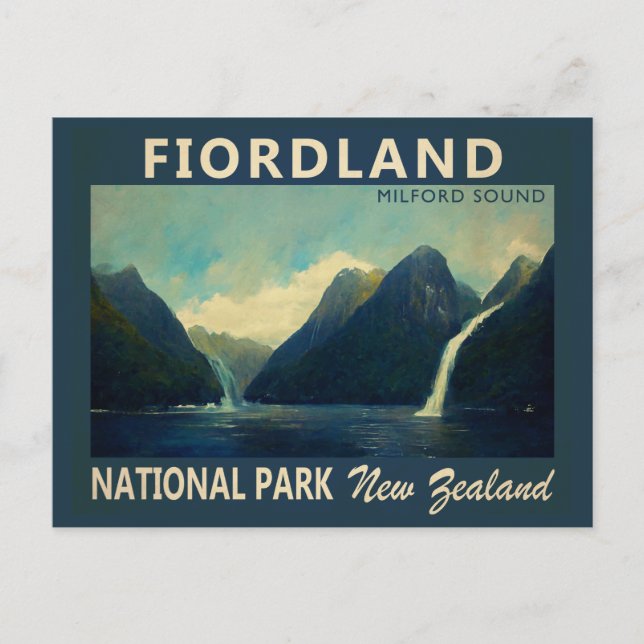 Fiordland Nationalpark Nya Zeeland Akvarell Vykort (Framsida)