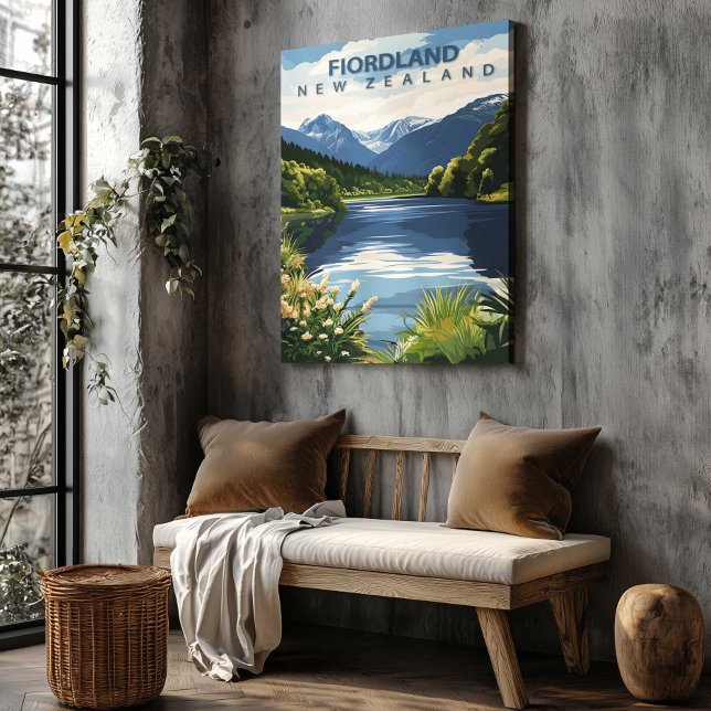 Fiordland Nya Zeeland Reseskylt Canvas Konst (Fiordland New Zealand Travel Poster Canvas Art by TinkPrints.)