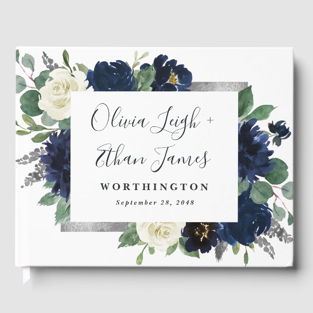 Fiorella Blommigten Bröllop vid marinblått och Sil Gästböcker (Framsida)