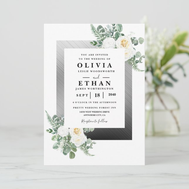 Fiorella Blommigten Bröllop vid marinblått och Sil Inbjudningar (Stående Fram)