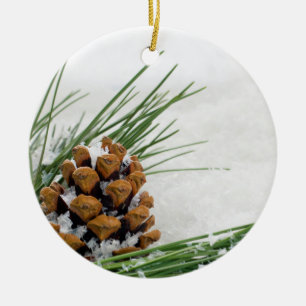Fir Cone med Snö Flakes Runda jul Ornament