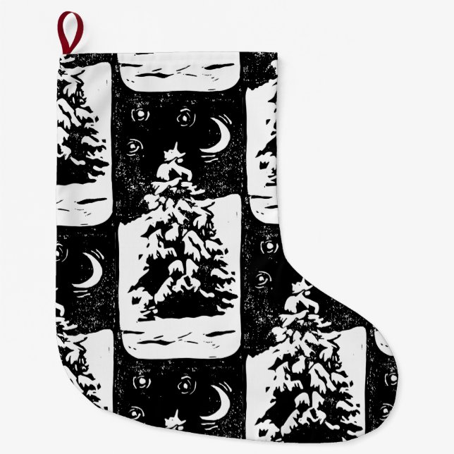 Fir Träd i Lino-utskriften Snowy Ligcape Lino Stor Julstrumpa (Framsidan)