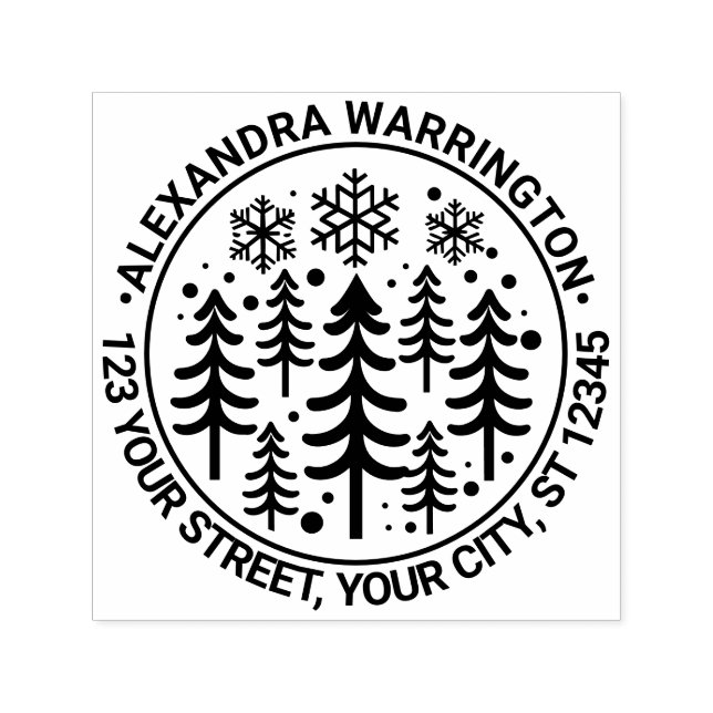Fir Träd och Snöflingor Namn Returadress #2 Självfärgande Stämpel (Design)